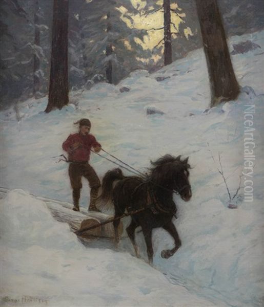 Woodsman Hauling Logs Behind A Horse - view 1