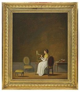 Gustaviansk Interior Med Spinnande Kvinna