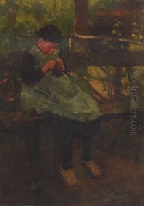 A Girl Knitting On A Bench In A Park by Ferdinand Hart Nibbrig