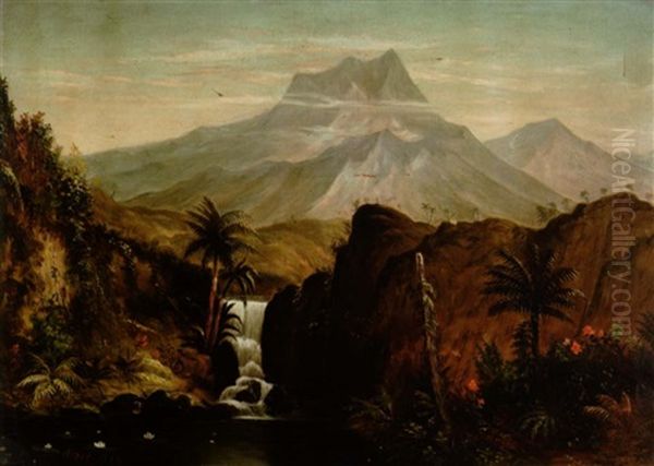 A Lush Tropical Landscape With A Waterfall And Mountains Beyond - view 1
