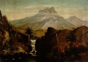 A Lush Tropical Landscape With A Waterfall And Mountains Beyond by Alfred A. Hart