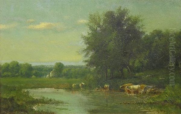 Landscape With Cattle Watering By The Farm - view 1