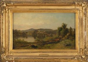 A River Landscape With Town And Distant Mountains by James McDougal Hart