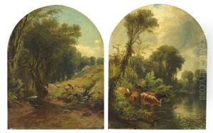 Sheep By A Stream (+ Cows Watering; Pair) by James McDougal Hart