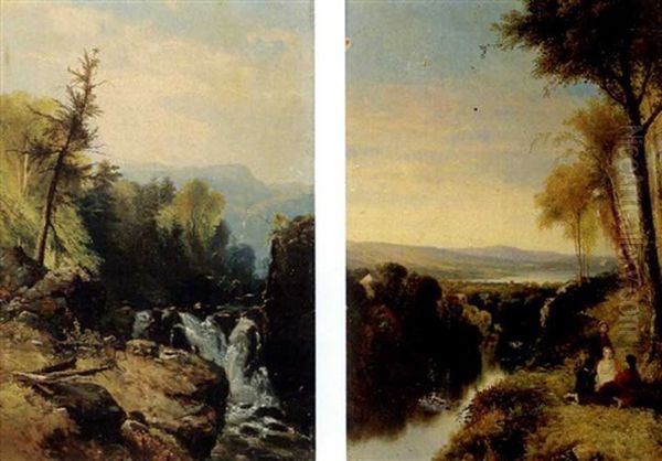 Cascade In The Mountains (+ Woman And Children On A Riverbank; Pair) - view 1