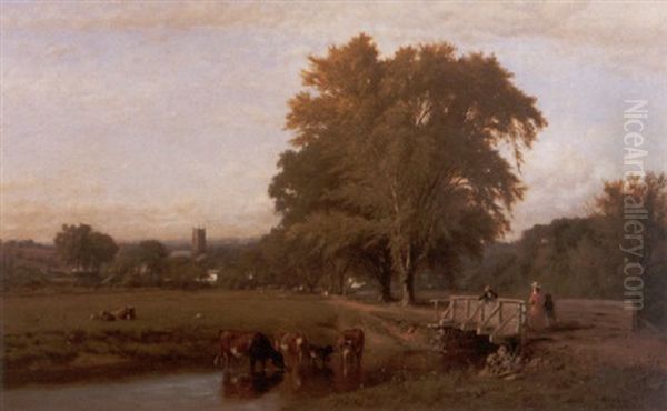 Cattle Watering Near A Bridge With Figures - view 1