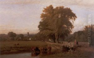 Cattle Watering Near A Bridge With Figures