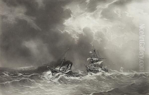 A Paddle Steamer Towing A Ship On Stormy Seas - view 1
