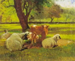 Cows And Sheep Resting In The Shade Of A Tree by James McDougal Hart
