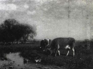 Cows Grazing Near A Pond With Ducks by James McDougal Hart