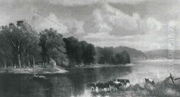 River Landscape With Cattle Watering - view 1