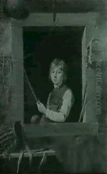 Portrait Of A Young Boy Half Length At A Window Holding A Net, A Great Tit In A Cage To The Right - view 1