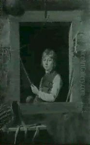 Portrait Of A Young Boy Half Length At A Window Holding A Net, A Great Tit In A Cage To The Right by James Turpin Hart