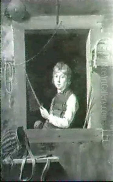 Portrait Of A Young Boy, Half Length, At A Window, Holding A Net, A Great Tit In A Cage To The Right - view 1