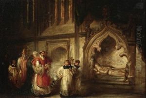 Exeter Cathedral. Blick Auf Eine Prozession Vor Der Grabstatte Des Sir Richard Of Stapledon, Bruder Des Walter Stapledon, Bischof Von Exeter by Solomon Alexander Hart