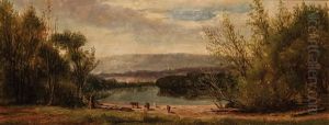 Cattle By A River Rowboat On A River (a Pair)