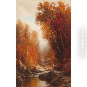 Fall Forest Scene With Stream by William M. Hart