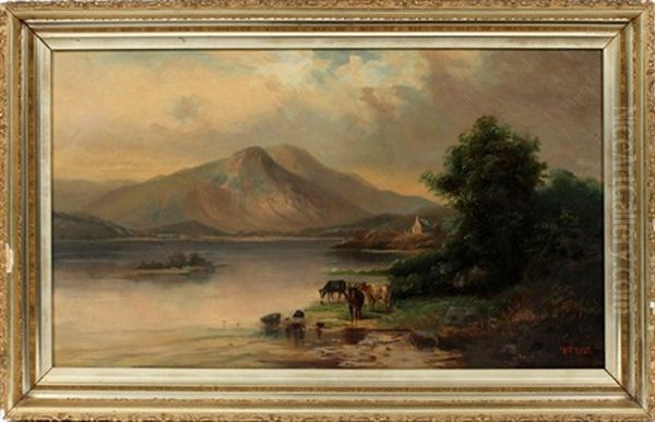 Cattle Watering With Mountains In Background - view 1