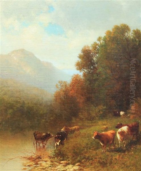 Hudson River School Scene With Cows, Watering To Mountain Valley Landscape - view 1