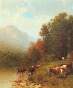 Hudson River School Scene With Cows, Watering To Mountain Valley Landscape by William M. Hart