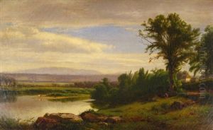 River Landscape With Farmhouse, Figures, And Cows by William M. Hart