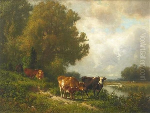 Family Of Cattle By A Brook - view 1