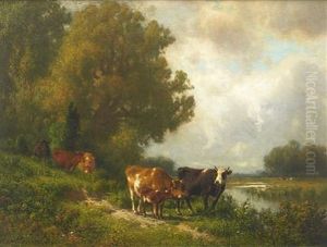 Family Of Cattle By A Brook by William M. Hart