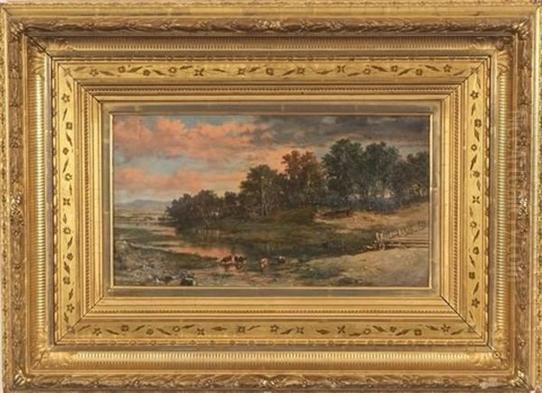 Luminous Landscape With Setting Sun Over Tree Lined Pasture And Stream With Cows In Foreground - view 1