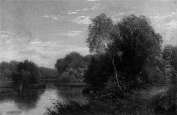 River Landscape With Grazing Cows Beside A Cottage - view 1