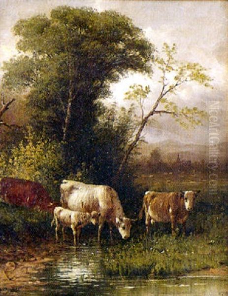 Pastoral Landscape With Cows, Tall Trees And A Distant Village - view 1