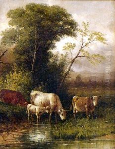 Pastoral Landscape With Cows, Tall Trees And A Distant Village thumbnail