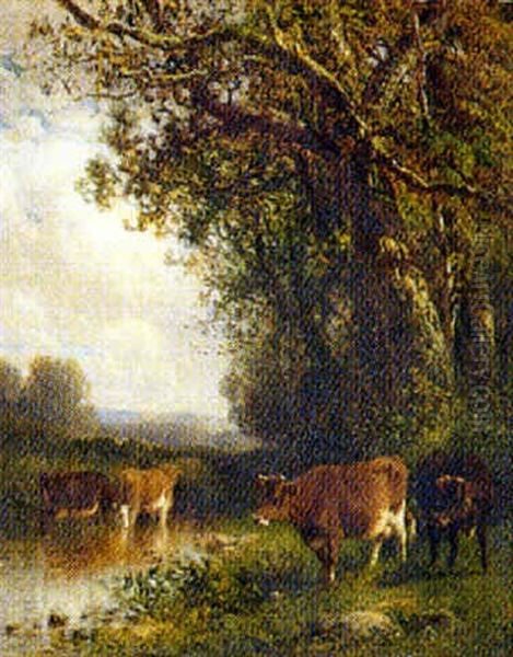 Landscape With Cows Beside A Stream Before Mountains And Stormy Skies - view 1