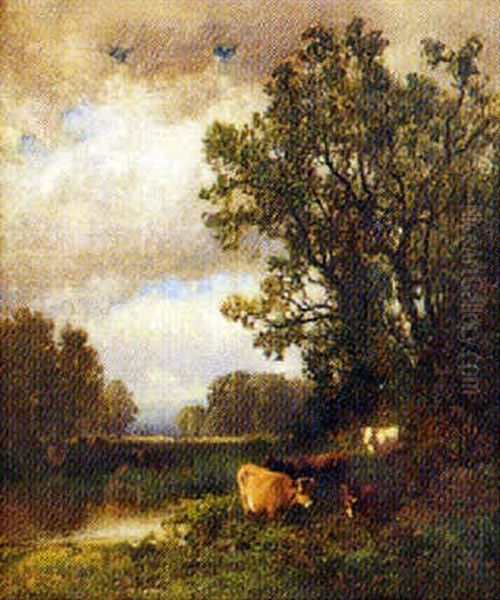 Landscape With Cows Beside A Stream Beneath Stormy Skies, And Mountains In The Background - view 1