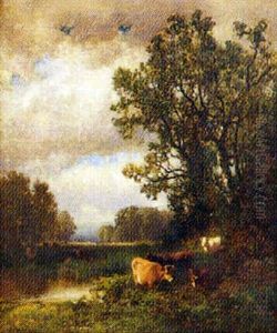 Landscape With Cows Beside A Stream Beneath Stormy Skies, And Mountains In The Background