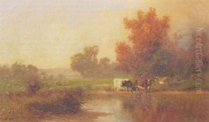 Cows Watering In Autumn Landscape by William M. Hart