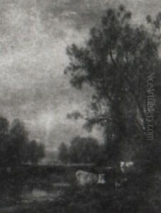 Cows Watering In A Stream by William M. Hart