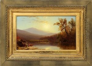 Depicting Cows At Water's Edge In Mountainous Landscape by William Matthew Hart