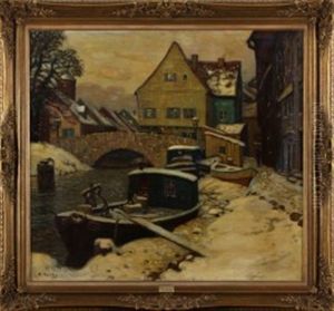 Winterliche Altstadtszene  Mit Brucke Und Fluss by Hans Hartig