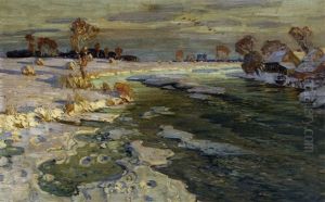 Nachmittagssone Uber Winterlandschaft Mit Flussbiegung