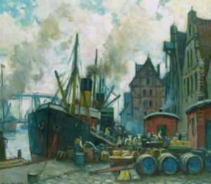 Im Hafen Liegt Ein Dampfschiff Am Kai Und Wird Mit Fassern Beladen
