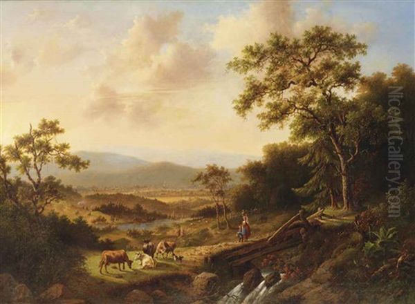 A Summer Landscape With Cows And Peasants, A Village In The Distance - view 1