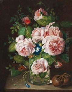 Roses In A Glass Vase With A Butterfly Roses In A Glass Vase With A Butterfly