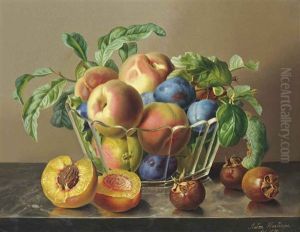 Peaches, Plums And Apples In A Glass Bowl By Peaches On A Marble Ledge Peaches, Plums And Apples In A Glass Bowl By Peaches On A Marble Ledge