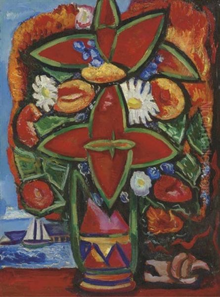 Red Flowers And Sailboat - view 1