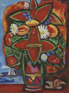 Red Flowers And Sailboat by Marsden Hartley