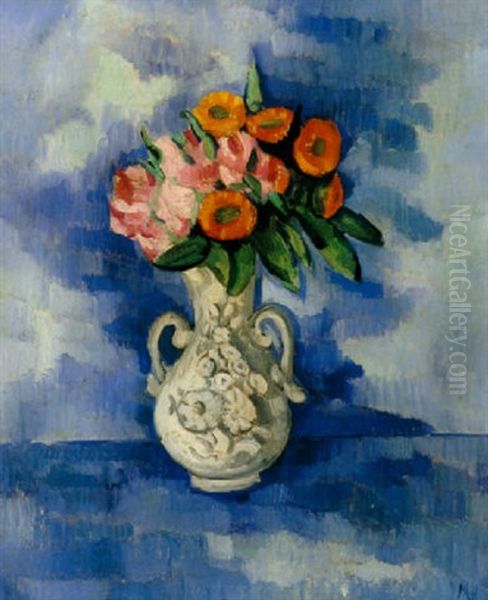 Still Life Pink And White Flowers In A White Jug - view 1