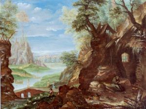 Gebirgige Flusslandschaft Mit Einem Einsiedler Und Einem Ziegenhirten