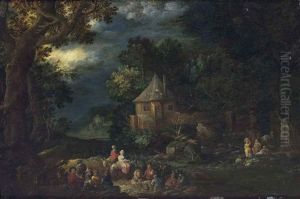 A Wooded River Landscape With Travelers On A Path, A Town Beyond by Johann Joseph Hartmann
