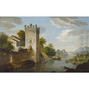 Flusslandschaft Mit Wehrturmen Und Schafer by Johann Joseph Hartmann