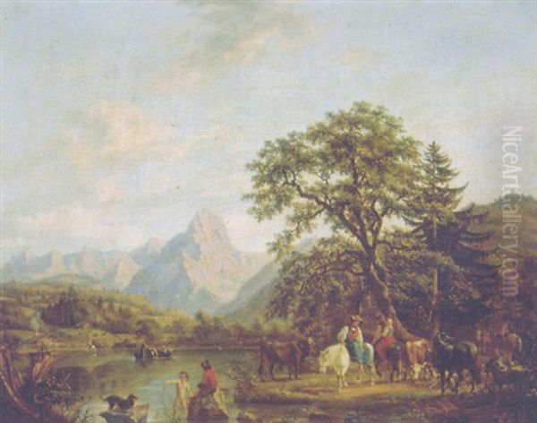 A Shepherdess On A Pony Watching Cattle, Sheep And Goats With Travellers And Bathers Nearby In An Alpine Landscape In Summer - view 1